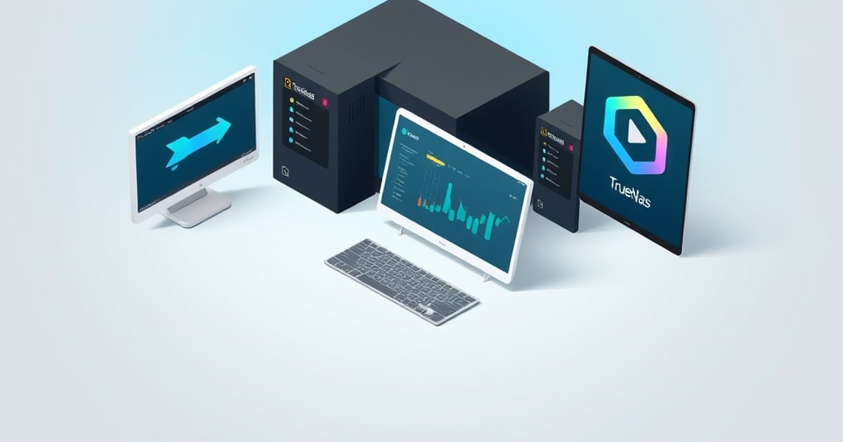 Isometric scene of containerized application boxes labeled Plex, Jellyfin, and Nextcloud running on a central NAS server
